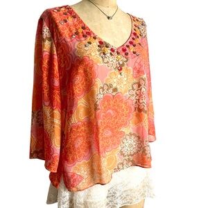 Daisy‎ Fuentes Boho Floral Top Retro Orange Yellow Sheer V Neck Blouse Size L
